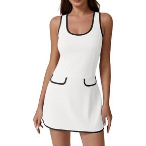 Fisoew Womens Tennis Dress Athletic Golf Sleeveless Scoop Neck Built in Bras&Shorts Casual Summer Tank Dresses