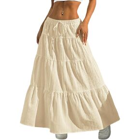 QJQ Women's Summer Boho Flowy Flared Ruffle Maxi Skirt 2025 Tiered A Line Elastic High Waisted Long Skirts