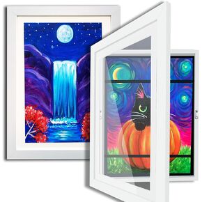 2 Pack Magnetic Kids Artwork Frames - 13x9.5 Changeable Display for A4 Drawings, Front Open Easy Swap Frame with Storage for 120 Artworks, Smooth Black Wood Wall Decor