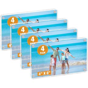 eWonLife 4x6 Acrylic Magnetic Photo Frames for Refrigerator, 4-Pack Clear Two Side Frameless Picture Frames for Home Decor and Picture Display