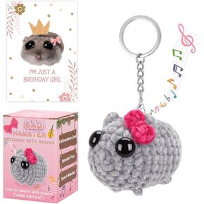 Tiktok Sad Hamster Meme Bow Keychain with Sound Upgrade Hand-Knitted Sad Hamster Plush with Gift Box & Card for Women Girls Birthday Christmas