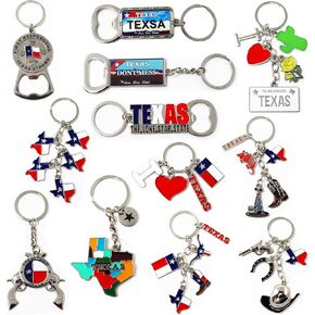 12 Pcs Texas Keychain Metal Keychains, 4 Bottle Openers, Texas State, Flag, I Love Texas, License Plate, Map, Don't Mess With Texas, Longhorn, Boot, Cactus, Texas Key chain Souvenirs, Gifts, Bundle