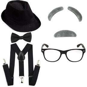 Kakaxi 1920's Boys 100 Days of School Grandpa Costume Set - Gangster Fedora Hat, Old Man Eyebrows & Moustache for Kids & Child Halloween