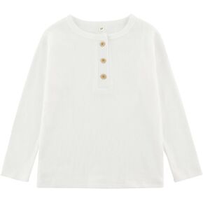 Toddler Boys Long Sleeve Shirt with 3 Button, Cozy Kids Ribbed Long Sleeve Henley T-Shirt, Polo Shirt Without Collar White