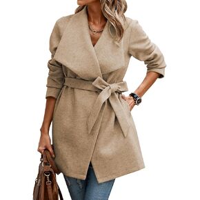 AOVDE Women's Winter Wool Coat: Classic Lapel Collar Jacket - Casual Mid-Long Open Front Blend Overcoat With Belt