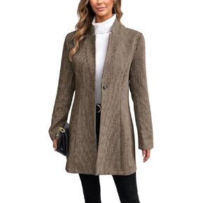 CHARTOU Womens Long Sleeve Casual Wool Jacket Blazer 1 Button Winter Coat Mid-Long Stand Collar Open Front Overcoat