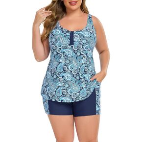 Halcurt Women's Plus Size Two Piece Bagthing Suits Tankini Set with Shorts Pocket Tummy Control Swimsuit