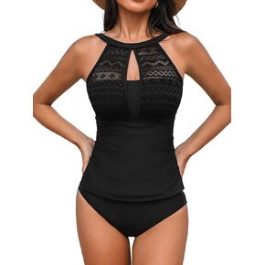 CUPSHE Women's Tankini Sets High Neck Mesh Cutouts Two Piece Bathing Suits Adjustable Straps Mid Rise Swimwear