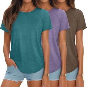 Ficerd 3 Pcs Women Short Sleeve Shirts Curved Hem Top Round Neck Tunics Side Split Summer Blouse for Women