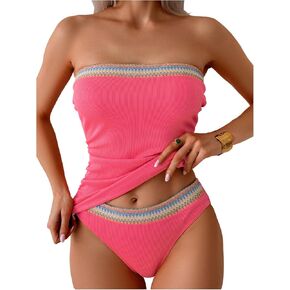 SOLY HUX Strapless Tankini Swimsuits for Women Boho Bandeau Bikini Tummy Control Two Piece Modest Bathing Suits
