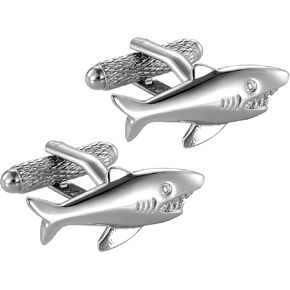 HAWSON Men's Great White Shark Cufflinks Silver Marine Predator Accessories for Diver Groomsmen & Ocean Conservation Galas