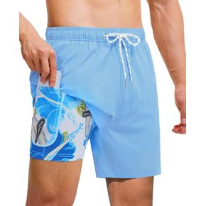 Mens 7 Inch Swim Trunks with Compression Liner Stretch Quick Dry Swim Shorts Swimsuits with Pockets