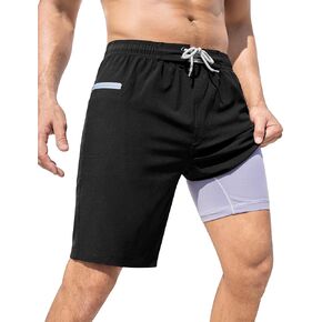 SILKWORLD Men's Swim Trunks with Compression Liner 9" Swimming Trunk 2 in 1 Beach Quick Dry Shorts with Zipper Pocket