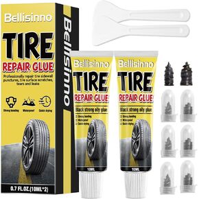 Black Tire Repair Glue Kit, Rubber Cement for Sidewall Fixes, Includes Two Sizes of Repair Nails, Suitable for Motorcycle, Bike, Car, Off-Road, Truck, Tractor (10ml*2)