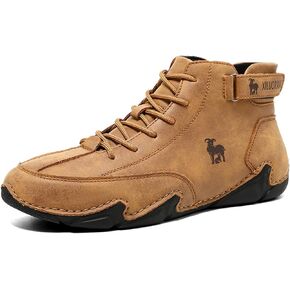 Men‘s Handmade High Top Leather Ankle Chukka Boots with Adjustable Strap Casual Non Slip Round Toe Slip On Boat Walking Driving Shoes