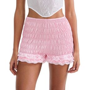 Women Ruffle Lace Trim Bloomers Y2k Smocked Boy Shorts Lolita Pumpkin Pants Cute Frill Ruched Bloom Micro Shorts