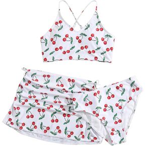 Floerns Girl's 3 Piece Swimsuit Cherry Print Cute Bikini Set with Cover Up Skirt