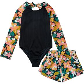 Volcom Girls' Swimsuit Set - UPF50+ Quick-Dry Girls One Piece Swimsuits with Matching Swim Shorts for Swimming (Sizes: 2T-16)