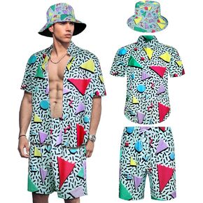 Geosar Men's 2 PCS 80s 90s الزي للرجال قمصان الهبي والسراويل القصيرة مع قبعة نيون ديسكو عيد الهالوين ملابس الأزياء