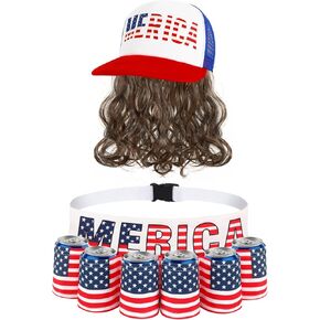 2 Pcs Fourth of July Patriotic Beverage Wig Costume Set Outfit Accessories Unisex Themed USA Americana Flag Beer Gift