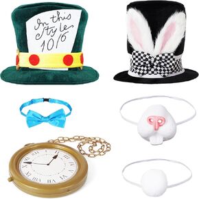 White Rabbit and Mad Hatter Costume Set – 6-Piece Set with Hats, Neck Clock, Tail, Bunny Nose, and Ribbon – Costume for Adults
