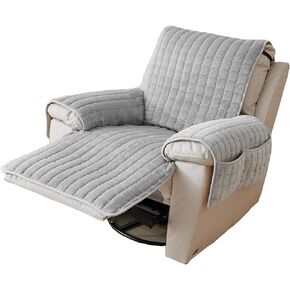 Plush Nonslip Recliner Cover with Pocket Ultra Soft Furry Fuzzy Chair Cover Furniture Protector Washable Plaid Recliner Slipcovers for Pets and Kids (Grey,20.8")