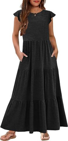 Hosika Girls Summer Summer Shuper Shulle Sleeve Crewneck Aline Tiered Tiered Beach Maxi Sundress مع جيوب من 6 إلى 12 سنة in Kuwait