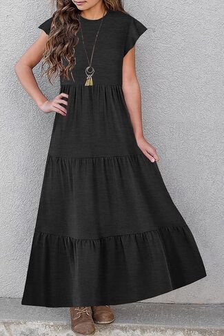 Hosika Girls Summer Summer Shuper Shulle Sleeve Crewneck Aline Tiered Tiered Beach Maxi Sundress مع جيوب من 6 إلى 12 سنة in Kuwait