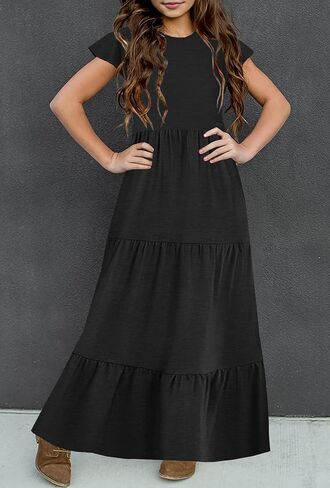 Hosika Girls Summer Summer Shuper Shulle Sleeve Crewneck Aline Tiered Tiered Beach Maxi Sundress مع جيوب من 6 إلى 12 سنة in Kuwait
