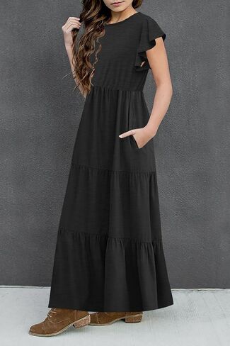 Hosika Girls Summer Summer Shuper Shulle Sleeve Crewneck Aline Tiered Tiered Beach Maxi Sundress مع جيوب من 6 إلى 12 سنة in Kuwait