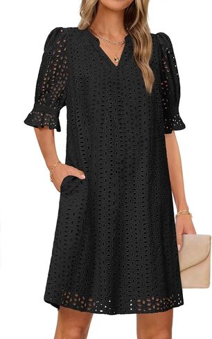 MEROKEETY Women's 2025 Summer Short Sleeve Mini Dress V Neck Ruffle Hollow Out Eyelet Lace Dresses in Saudi Arabia