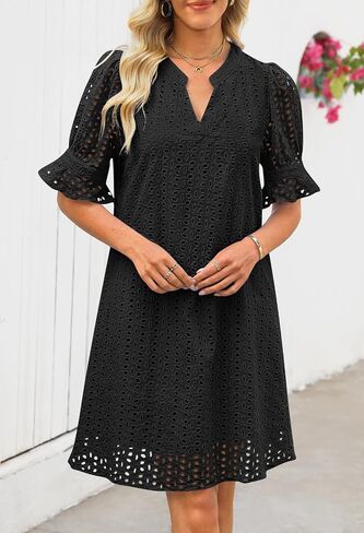 MEROKEETY Women's 2025 Summer Short Sleeve Mini Dress V Neck Ruffle Hollow Out Eyelet Lace Dresses in Saudi Arabia