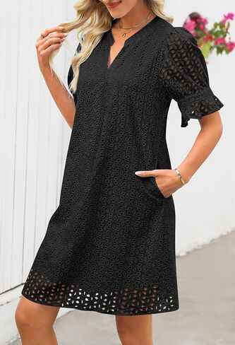 MEROKEETY Women's 2025 Summer Short Sleeve Mini Dress V Neck Ruffle Hollow Out Eyelet Lace Dresses in Saudi Arabia