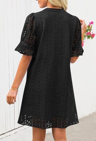 MEROKEETY Women's 2025 Summer Short Sleeve Mini Dress V Neck Ruffle Hollow Out Eyelet Lace Dresses in Saudi Arabia