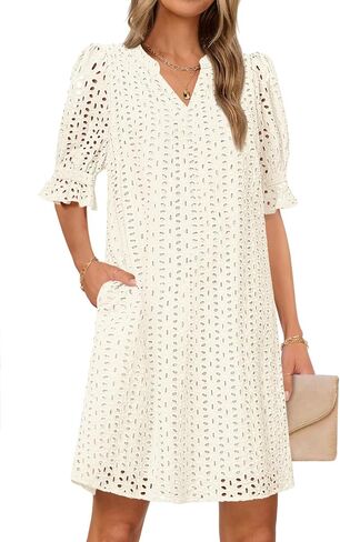 MEROKEETY Women's 2025 Summer Short Sleeve Mini Dress V Neck Ruffle Hollow Out Eyelet Lace Dresses in Saudi Arabia