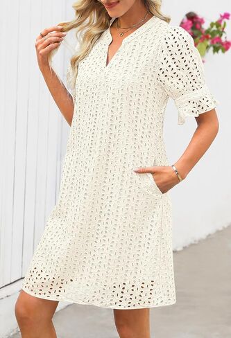 MEROKEETY Women's 2025 Summer Short Sleeve Mini Dress V Neck Ruffle Hollow Out Eyelet Lace Dresses in Saudi Arabia