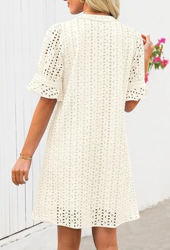 MEROKEETY Women's 2025 Summer Short Sleeve Mini Dress V Neck Ruffle Hollow Out Eyelet Lace Dresses in Saudi Arabia