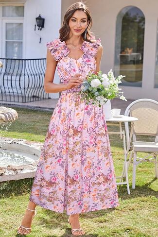 GRACE KARIN 2025 Women's Summer Floral Print Dress Sleeveless Casual Flowy Sundress A Line Ruffle Wedding Guest Outfit in Saudi Arabia