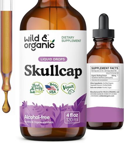 Wild & Organic Skullcap Herb Tincture - Skullcap Supplement - Mood Support - Vegan, Alcohol Free Liquid Extract - 4 fl oz in Kuwait