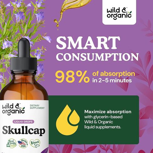 Wild & Organic Skullcap Herb Tincture - Skullcap Supplement - Mood Support - Vegan, Alcohol Free Liquid Extract - 4 fl oz in Kuwait