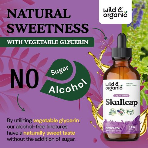 Wild & Organic Skullcap Herb Tincture - Skullcap Supplement - Mood Support - Vegan, Alcohol Free Liquid Extract - 4 fl oz in Kuwait