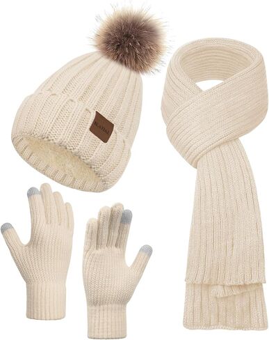 Winter Hats for Women Beanie Hat Scarf Set Warm Touchscreen Gloves Knitted Long Scarfs Beanie with Pom Gifts in Saudi Arabia