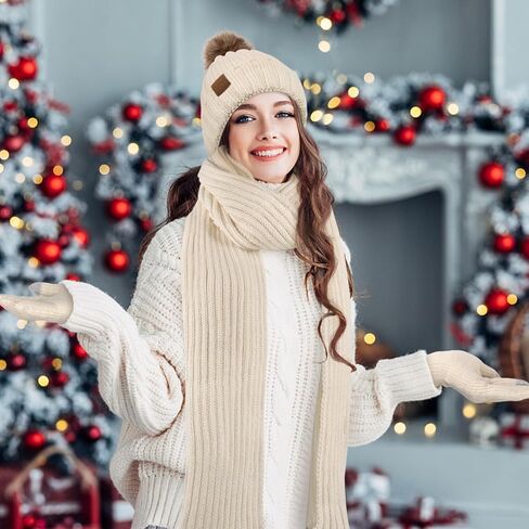 Winter Hats for Women Beanie Hat Scarf Set Warm Touchscreen Gloves Knitted Long Scarfs Beanie with Pom Gifts in Saudi Arabia