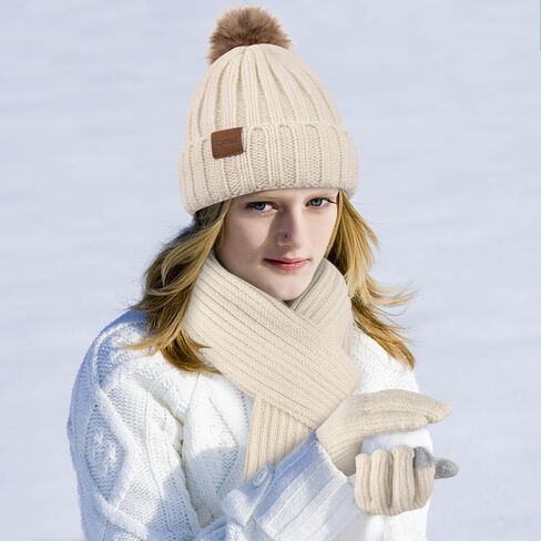 Winter Hats for Women Beanie Hat Scarf Set Warm Touchscreen Gloves Knitted Long Scarfs Beanie with Pom Gifts in Saudi Arabia