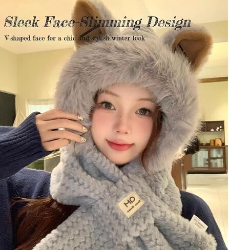 Scarf Hat with Fox Ears - Women's Winter Hooded Cozy Bear Hoodie for Cold Weather - Ultimate Warmth in Kuwait