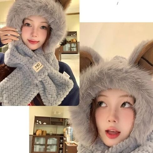 Scarf Hat with Fox Ears - Women's Winter Hooded Cozy Bear Hoodie for Cold Weather - Ultimate Warmth in Kuwait