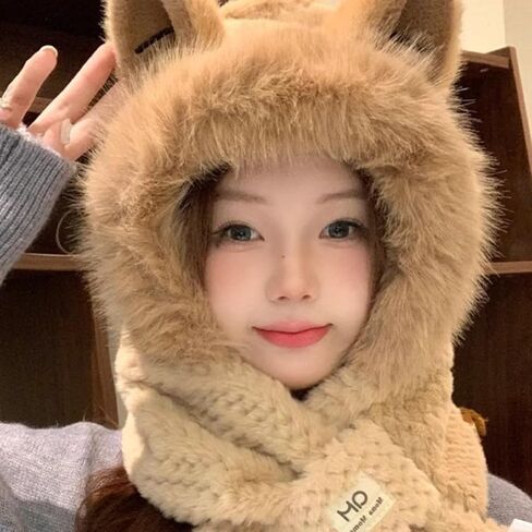 Scarf Hat with Fox Ears - Women's Winter Hooded Cozy Bear Hoodie for Cold Weather - Ultimate Warmth in Kuwait