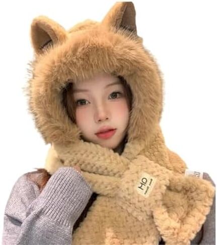Scarf Hat with Fox Ears - Women's Winter Hooded Cozy Bear Hoodie for Cold Weather - Ultimate Warmth in Kuwait
