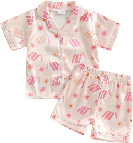 Hekkomird Toddler Girl Girl Summer Pajamas مجموعة القوس طباعة طية صدريقة قصيرة زر أسفل القميص شورتات مرنة الأطفال pjs ملابس النوم in Kuwait