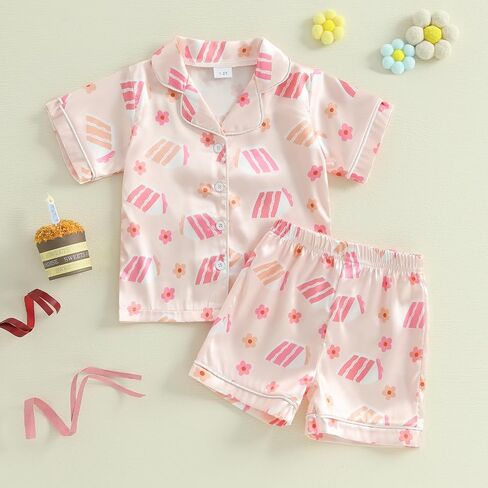 Hekkomird Toddler Girl Girl Summer Pajamas مجموعة القوس طباعة طية صدريقة قصيرة زر أسفل القميص شورتات مرنة الأطفال pjs ملابس النوم in Kuwait